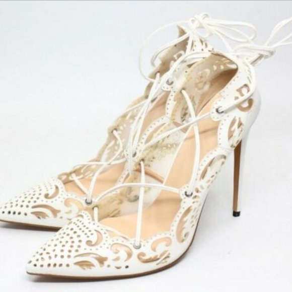 Red Bottom Sole Ankle Strap Sandal Pointy Toe Leather White Stilettos High Heel - Picture 4 of 5